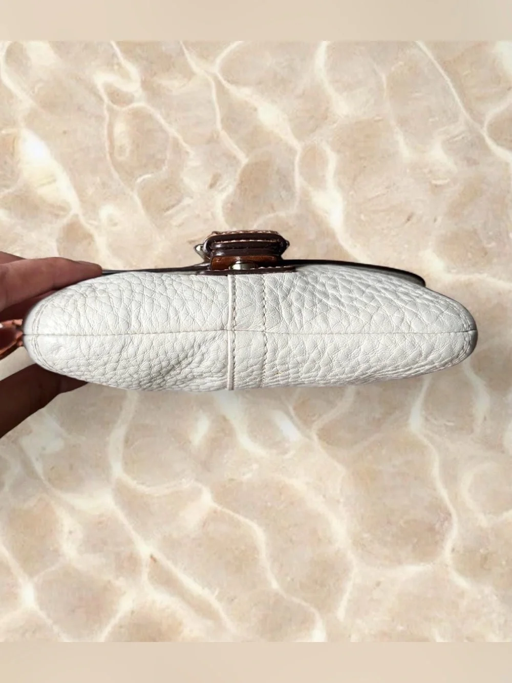 Coach Soho White Pebbled Leather Wristlet Wallet with Tan Buckle Accent